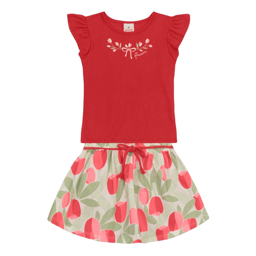 Conjunto Infantil Menina Blusa e Saia Shorts Floral Vermelho Roupa Criança - Brandili