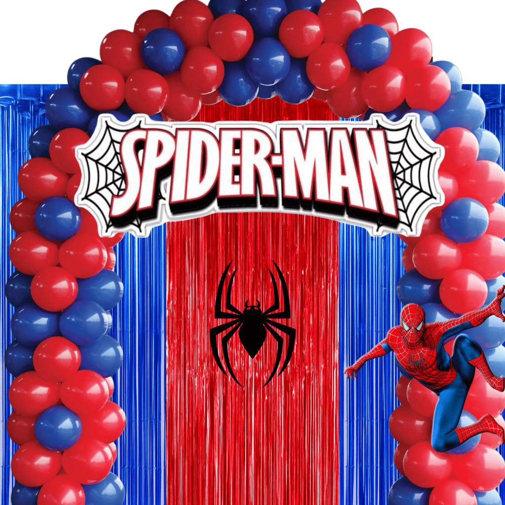 Kit Festa Aniversário Homem Aranha Bexiga Metalizada + Cortina Azul, Vermelho, Decoração Spider Man