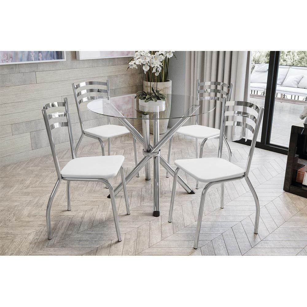 Conjunto: Mesa Sala Jantar Volga c/ Tampo de Vidro 95cm + 4 Cadeiras Portugal Cromado/Courano Branco - Kappesberg