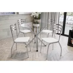 Conjunto: Mesa Sala Jantar Volga c/ Tampo de Vidro 95cm + 4 Cadeiras Portugal Cromado/Courano Branco - Kappesberg