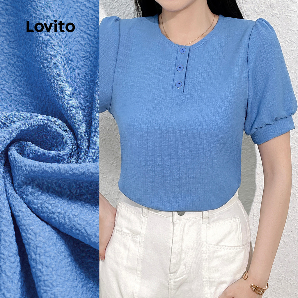 Lovito Blusa Elegante Para Deslocamento Diário Botões Blusa Cinza Azul Simples Primavera/verão Para Mulheres L138ED065 em Oferta na Shopee