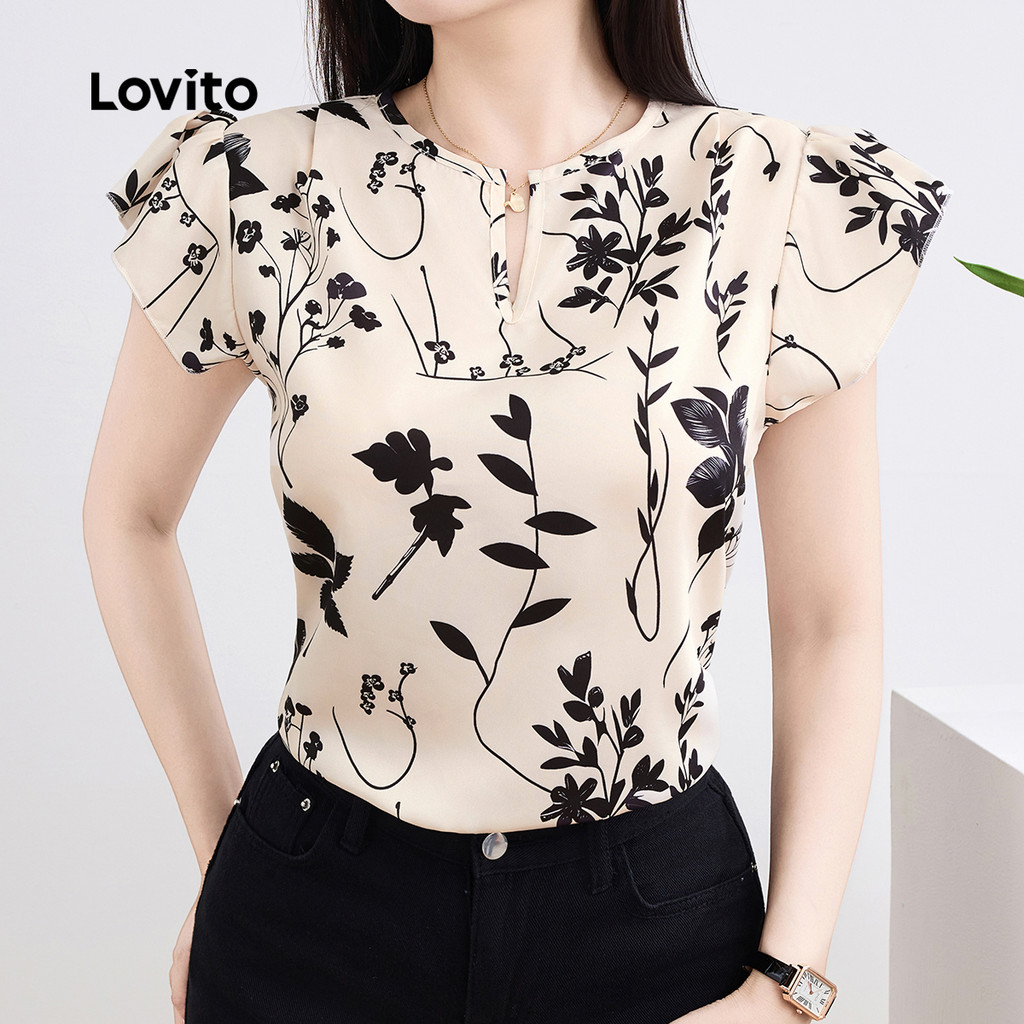 Lovito Blusa Casual Floral Floral Plissada Colorblock Verão Primavera Multicolorida Para Mulheres L135ED309 em Oferta na Shopee