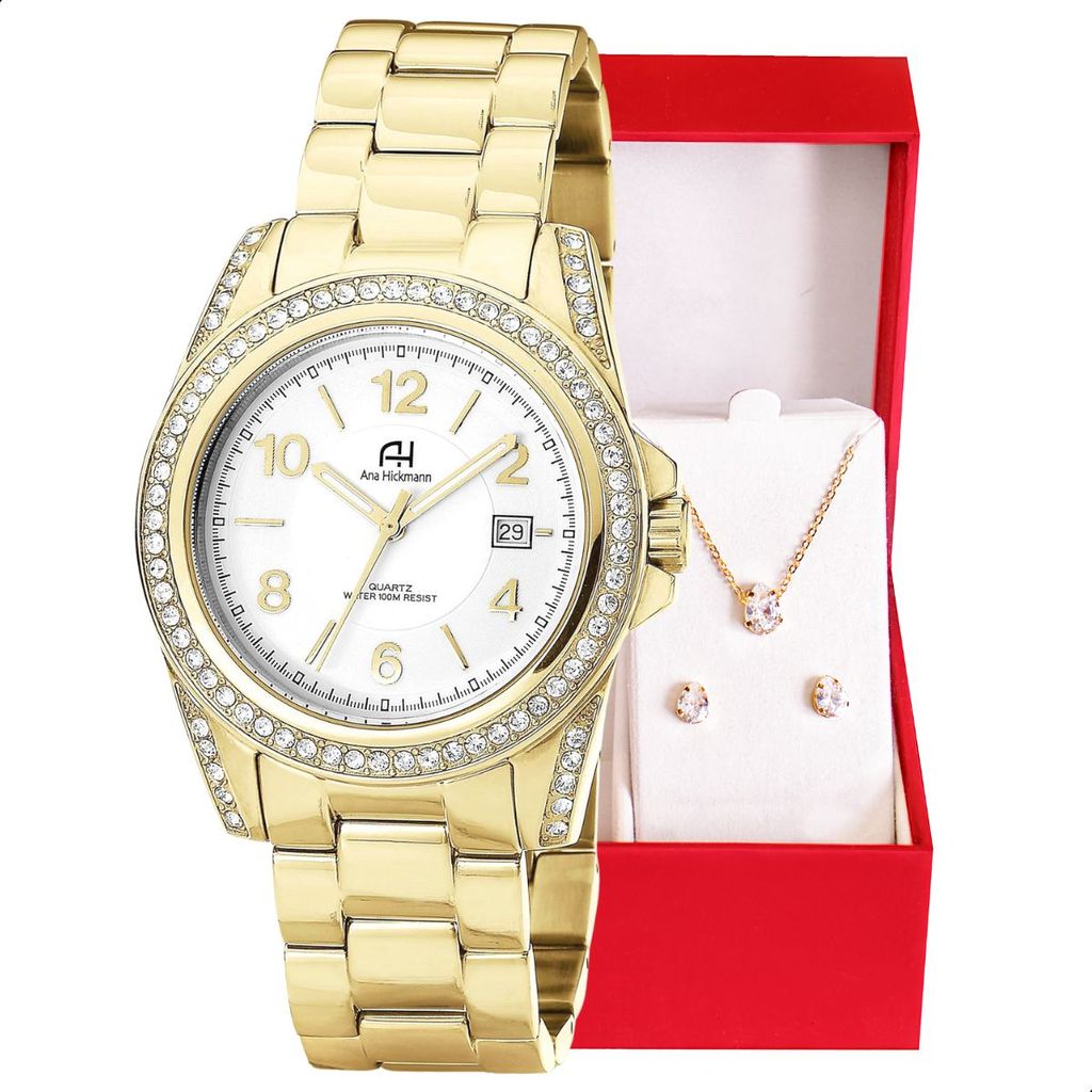 Relógio Feminino Champion Ana Hickmann Analógico Dourado A Prova D'Água AH20159H Colar e Brincos em Oferta na Shopee