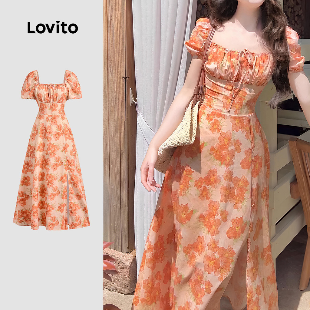 Lovito Vestido Casual Boho Para Férias Com Zíper Franzido E Toque Macio Ideal Para Primavera/verão LBL26165 em Oferta na Shopee