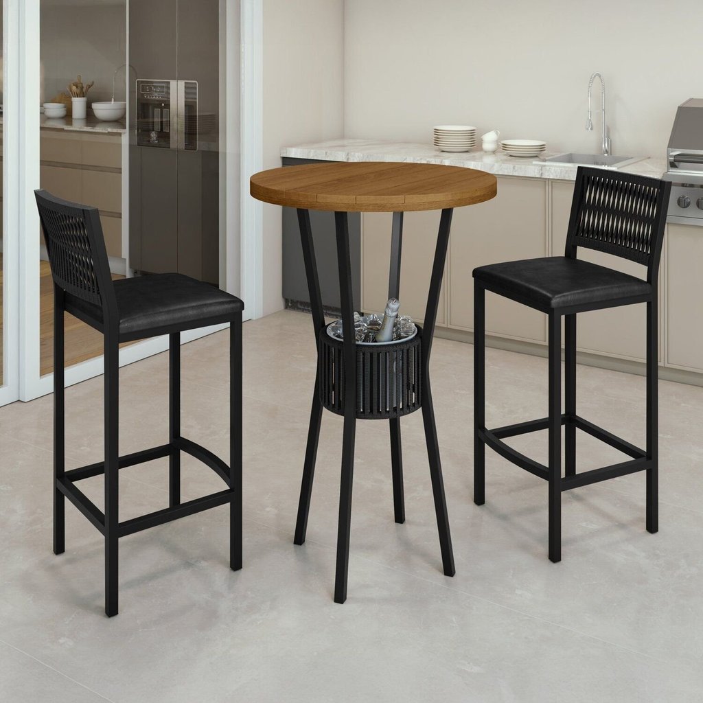 Conjunto Mesa Bistrô Bar Tampo Madeira Maciça Ripado 70cm com 2 Banquetas Barcelona  Preto/Nature
