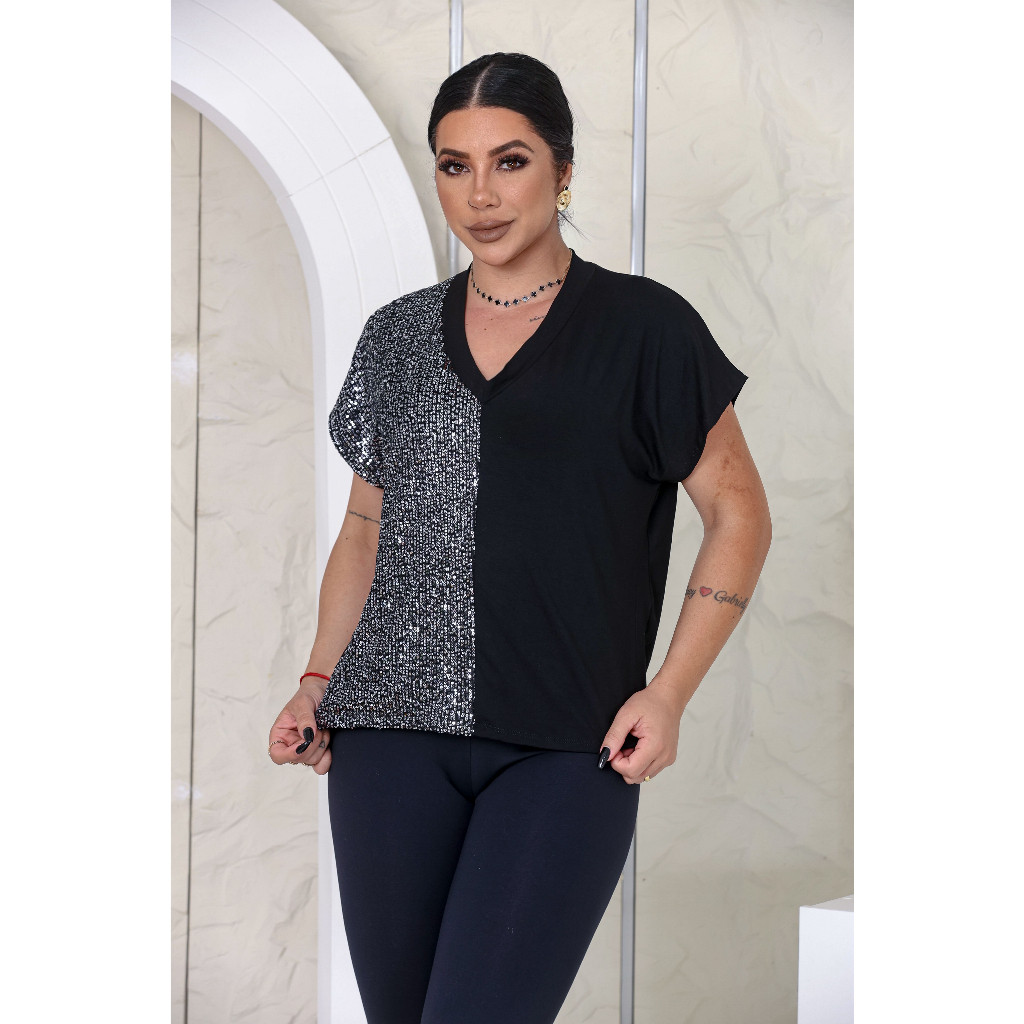 Camiseta Feminina em Paetê Brilho Manga Curta Festa Elegante Metade Paetê