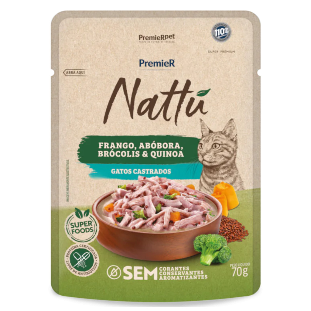 Ração Úmida Sachê PremieR Nattu 85gr Gatos Adultos Castrados Frango e Abóbora
