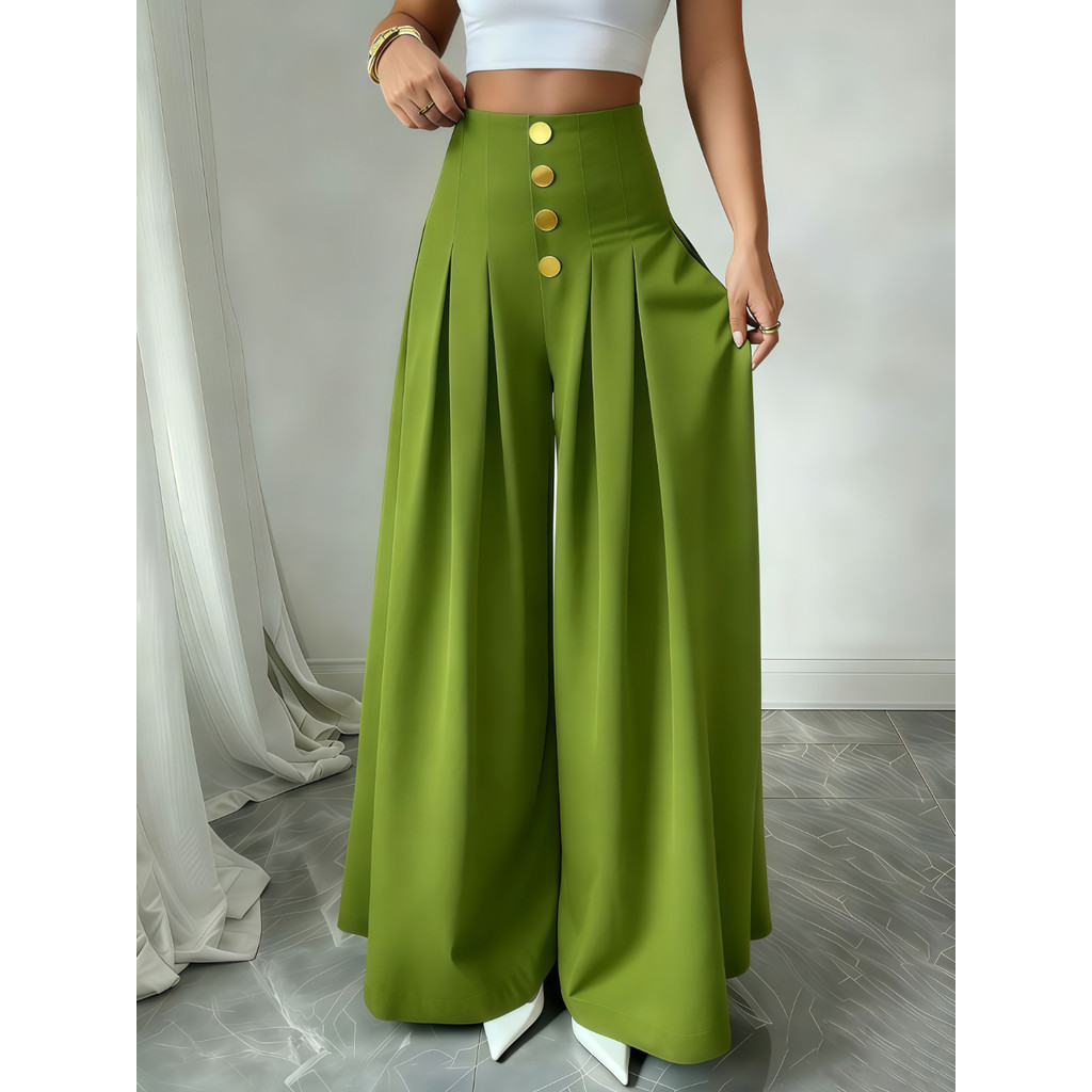 Calça Feminina Solta, Plissada E Dobrada, De Cor Sólida P M G em Oferta na Shopee