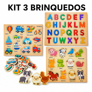 Kit 3 Quebra Cabeça Encaixe Educativo Lúdico Autismo Alfabeto Animais Transportes