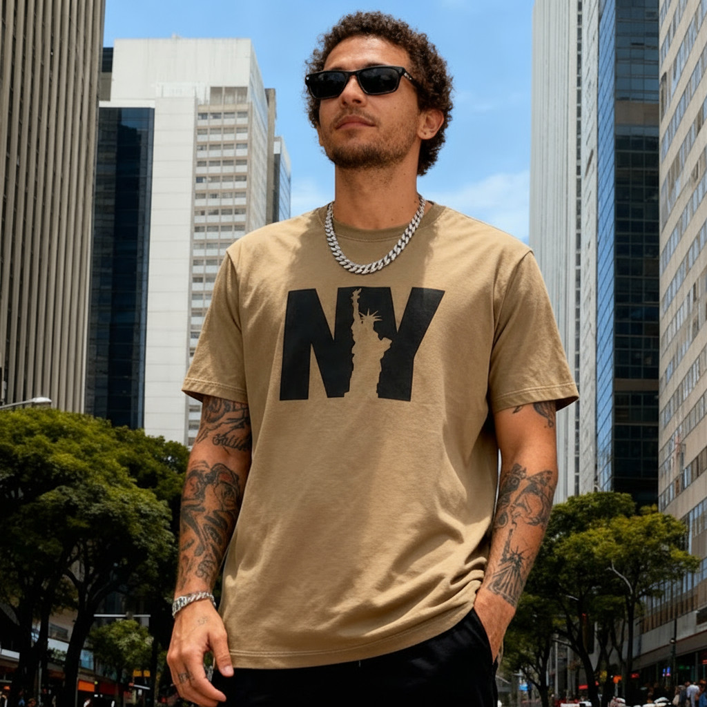 Camiseta masculina Gola redonda Estampa "NY" Estilo urbano 100% algodão Básico | Oferta especial