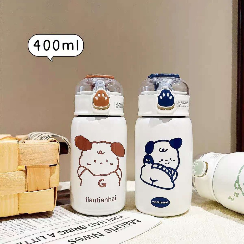 Garrafa Térmica Infantil com Canudo, 400ml - Estampas de Animais Fofos em Aço Inox