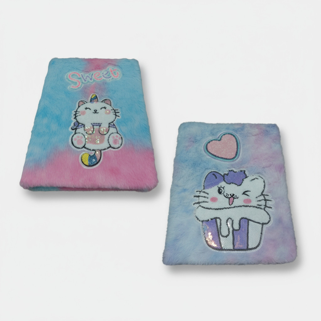 Kit 2 Caderno Pelúcia Gatinho Brilhante Infantil 80f Capa