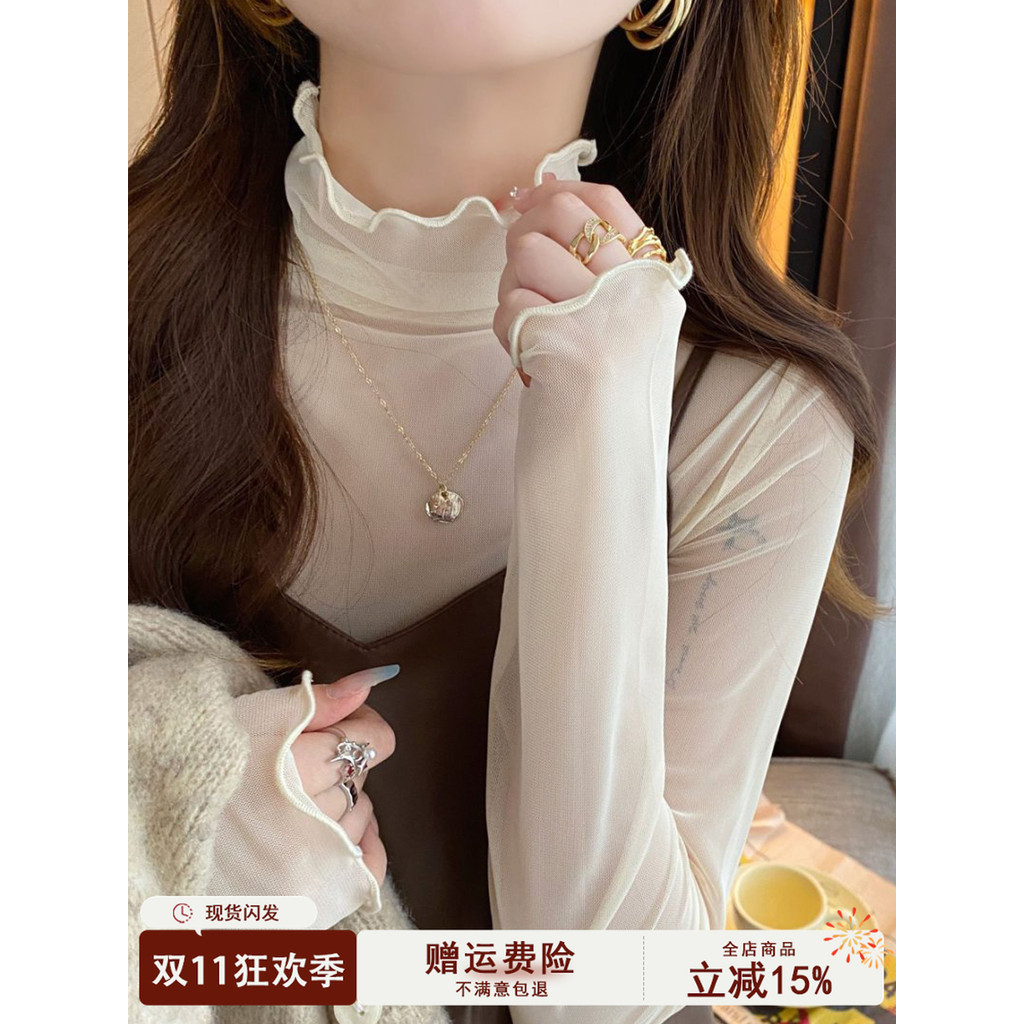 Renda renda gaze camisa de fundo feminina primavera 2026 novo estilo estilo fino branco interior meia gola alta fungo bo