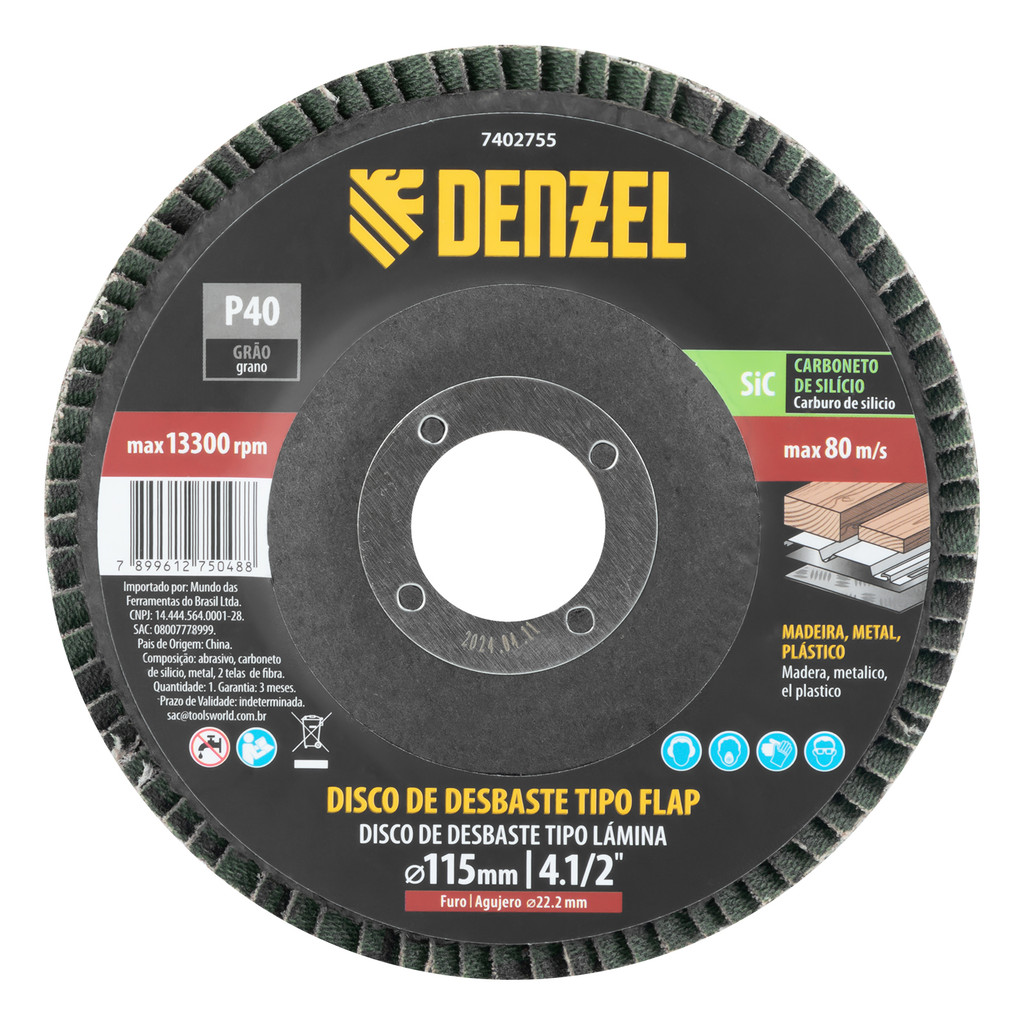 DISCO DE DESBASTE TIPO FLAP, CARBONETO DE SILICIO, GRAO 40, 115 X 22,2 MM, 1PCS// DENZEL em Oferta na Shopee