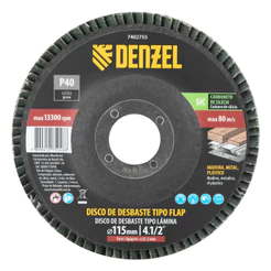 DISCO DE DESBASTE TIPO FLAP, CARBONETO DE SILICIO, GRAO 40, 115 X 22,2 MM, 1PCS// DENZEL