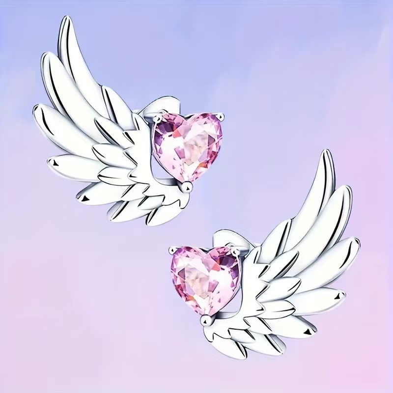 Prata S925|Brincos femininos rosa com asas de anjo|Brincos de estilo suave de alta qualidade da moda em Oferta na Shopee