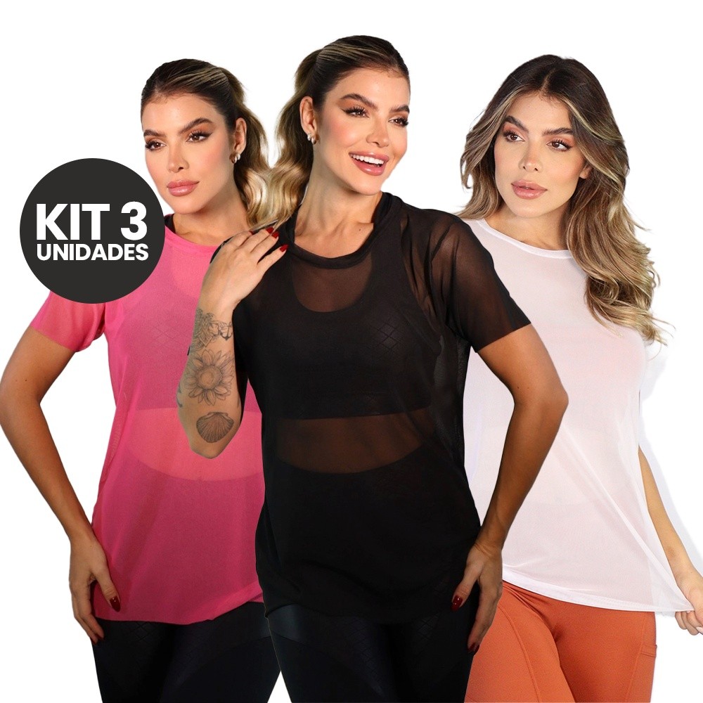 Kit 3 Blusas Fitness Tule Feminina Transparente Conforto Academia