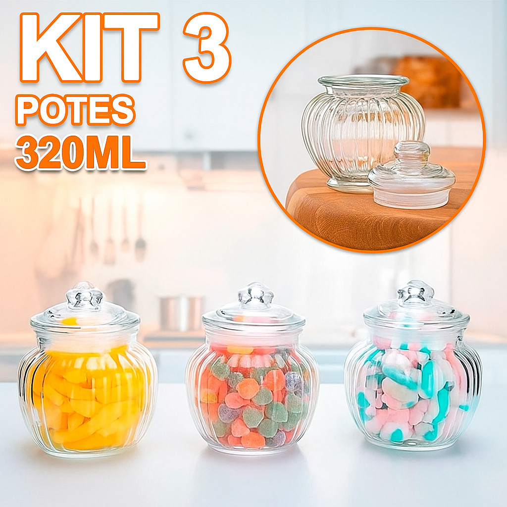 Kit 3x Potes De Vidro Hermético Com Tampa Para Alimentos Bomboniere Doces Massas 320ML