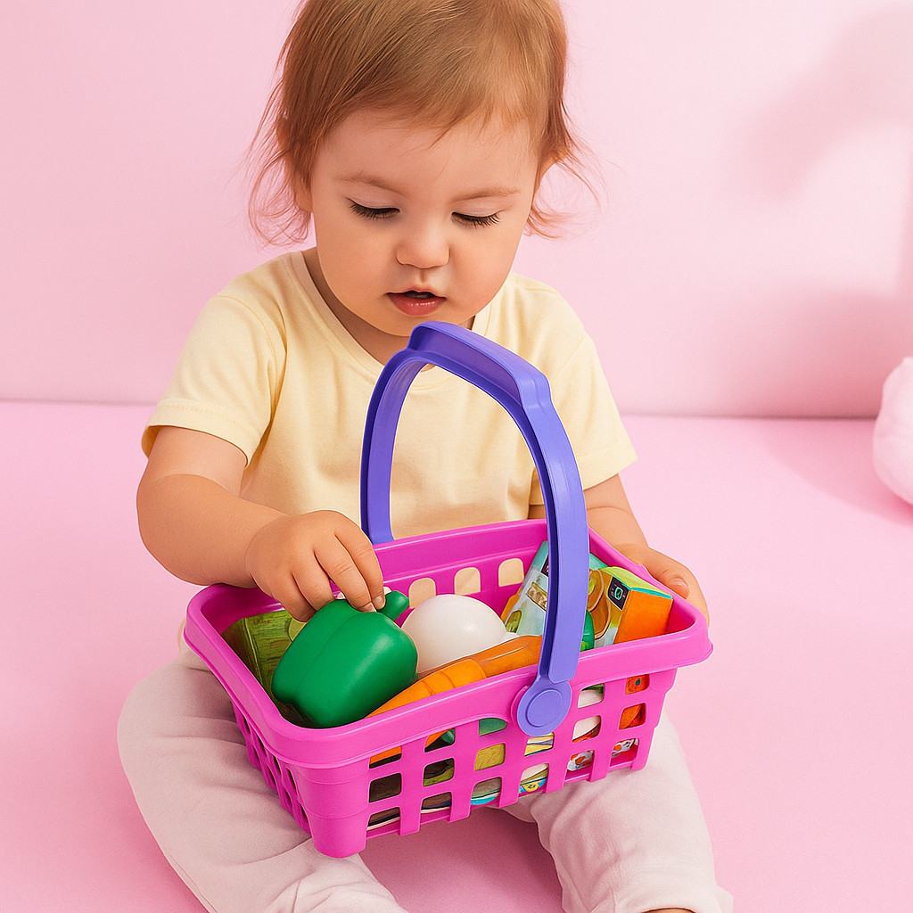 Cesta Supermercado Brinquedo Frutas Brinquedo Menina Rosa Feirinha Presente Estimula Comer