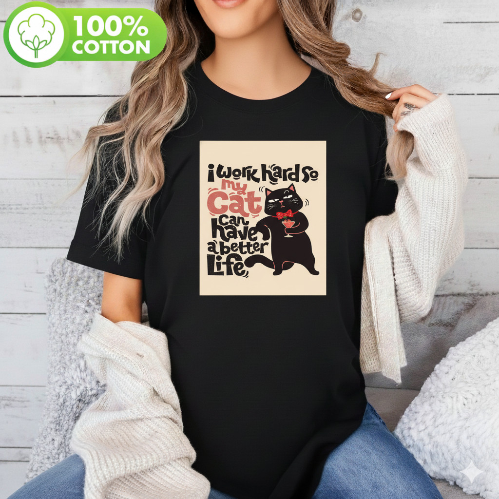Camiseta Gato Preto I Work Hard For My Cat Pet Parent Engraçada Estampada Confortavel Divertida Fofa Casual