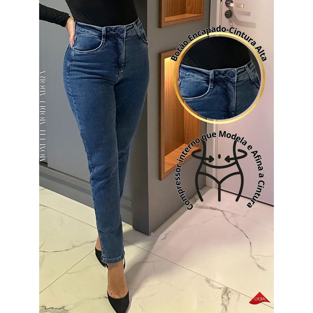 Jeans Feminino Mom Fit Lavagem Escura com Compressor Interno que Afina a Cintura