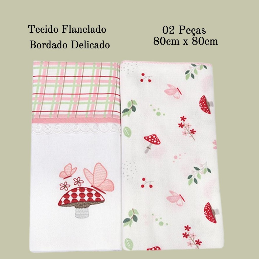 Cueiro Dengo Estampa Cogumelo 02 Peças 80cm x 80cm Bordado