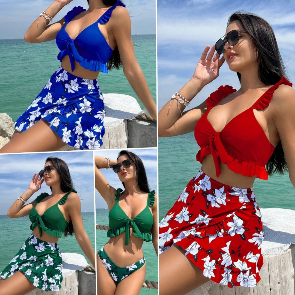Conjunto Biquíni Feminino 3s Com Estampa Floral Azul Folhas E Saia Flora