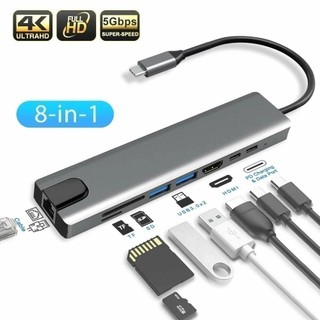 Hub USB-C 8 em 1 HDMI 4K RJ45 USB 3.0 SD TF PD 100W Adaptador Notebook MacBook Celular