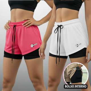 Kit 2 Shorts 2 Em 1 Feminino Esportivo Com Forro De Compressão Dry Fit Treino em Oferta na Shopee