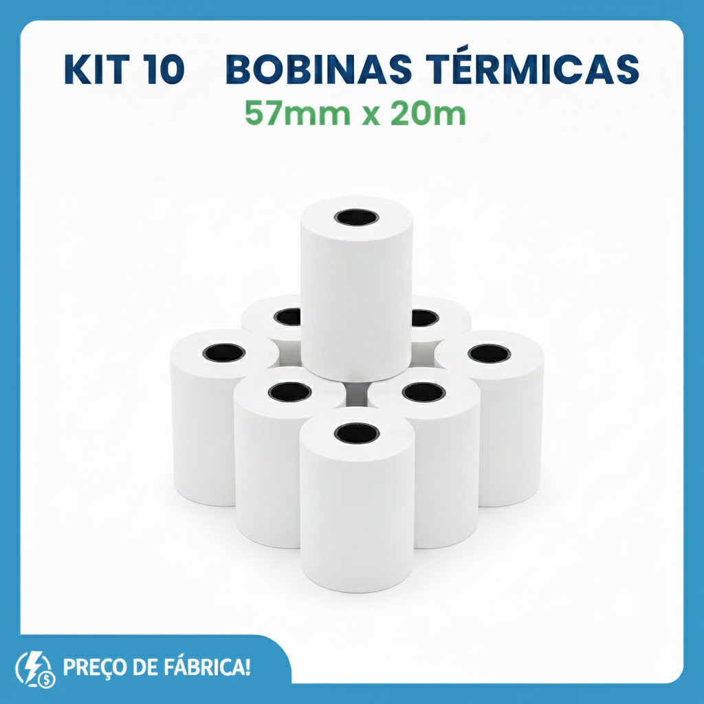 Kit 10 Bobinas Térmicas 57mm por 20 metros SUPER ATACADO p/ Moderninha Cielo SumUp em Oferta na Shopee