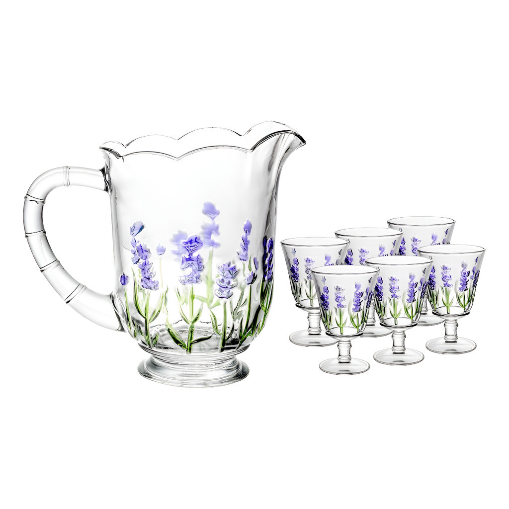 Jogo Jarra Hand Painting 1,5 L + 6 Taças de Vidro Com Pintura Relevo Floral Lavanda Lyor Promoção