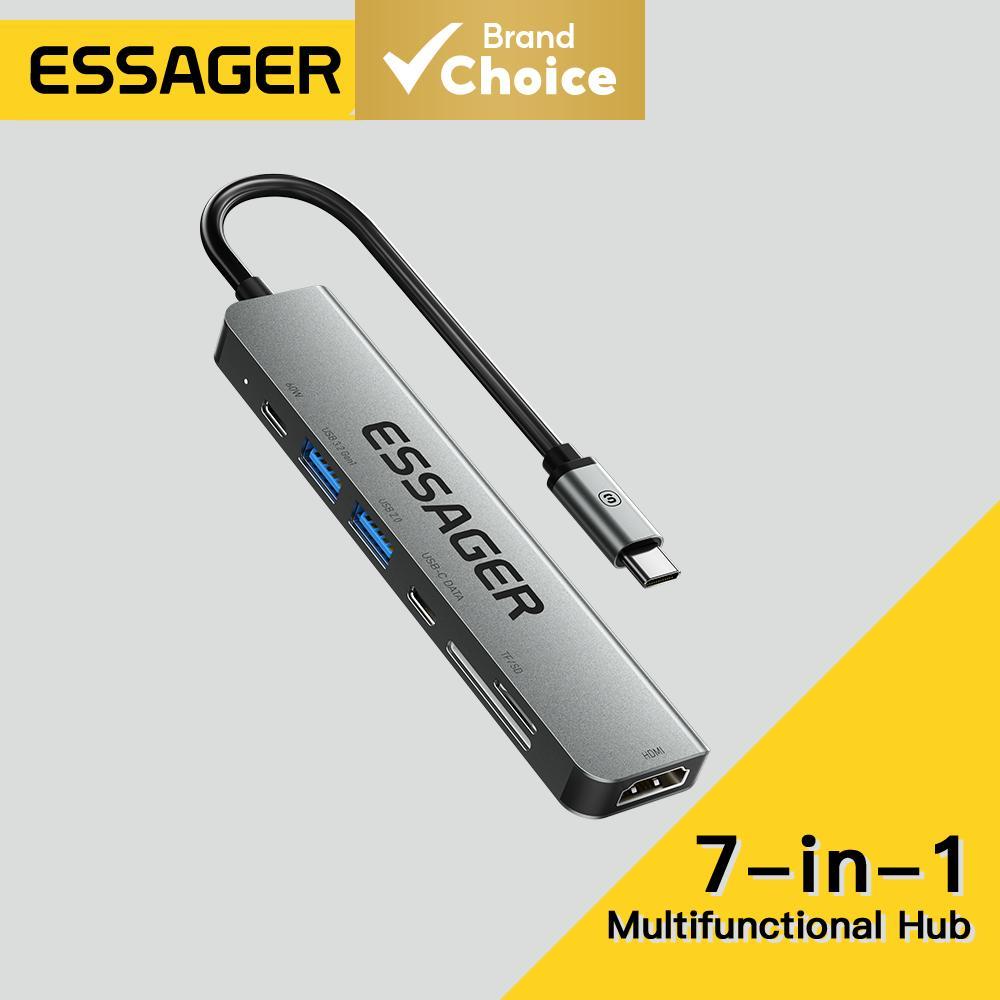 Essager Type C HUB Para Adaptador HDMI USB3.0 7 Em 1 Leitor De Cartão SD RJ45 PD 100W MacBook Splitter