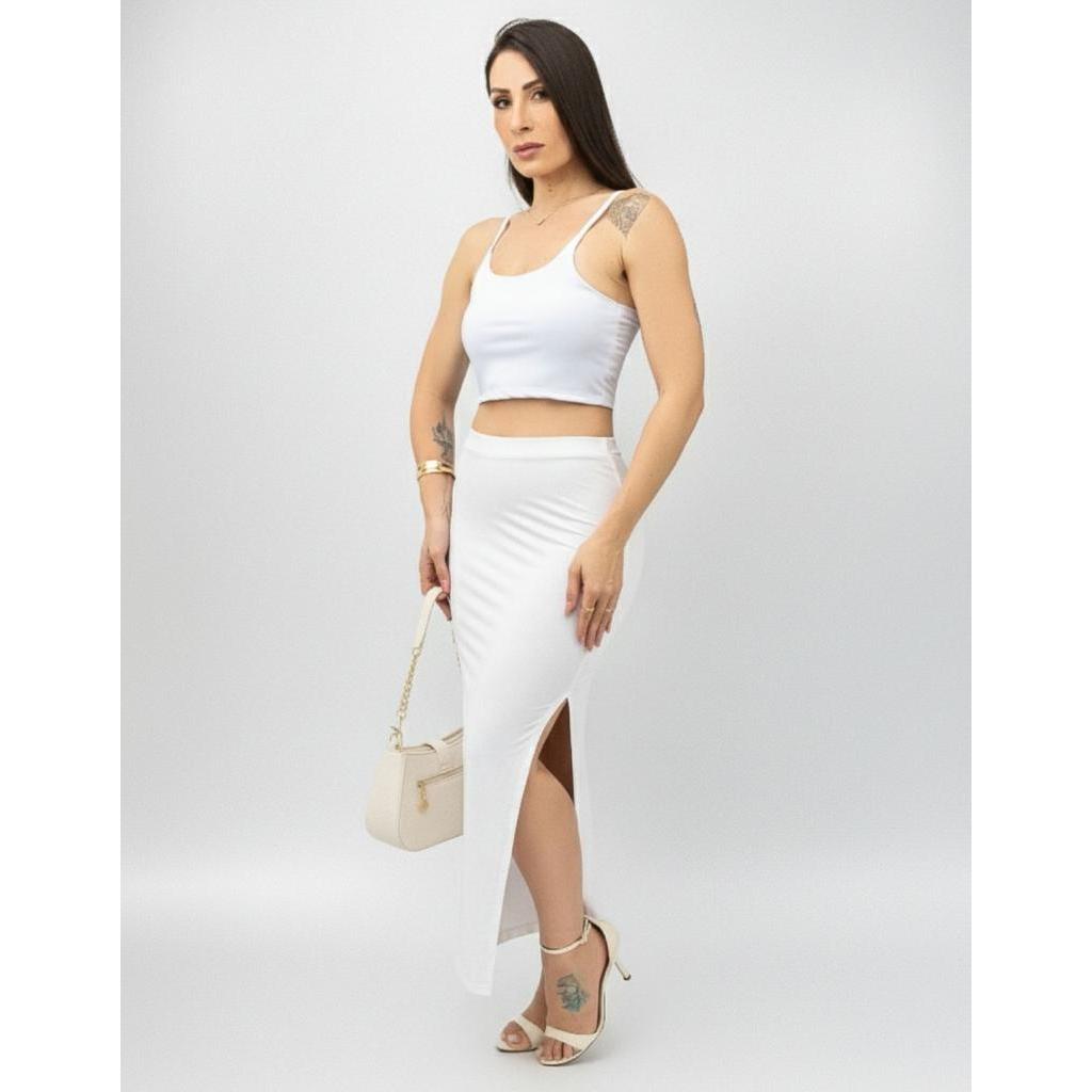 Conjunto Saia Longa Suplex Fenda Lateral Cropped Top Básico Elegante Moda Feminina