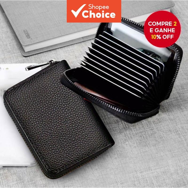 Carteira Masculina Estilosa De Couro Sintético - Porta Cartões Preto Com Zíper E Compartimento Transparente em Oferta na Shopee