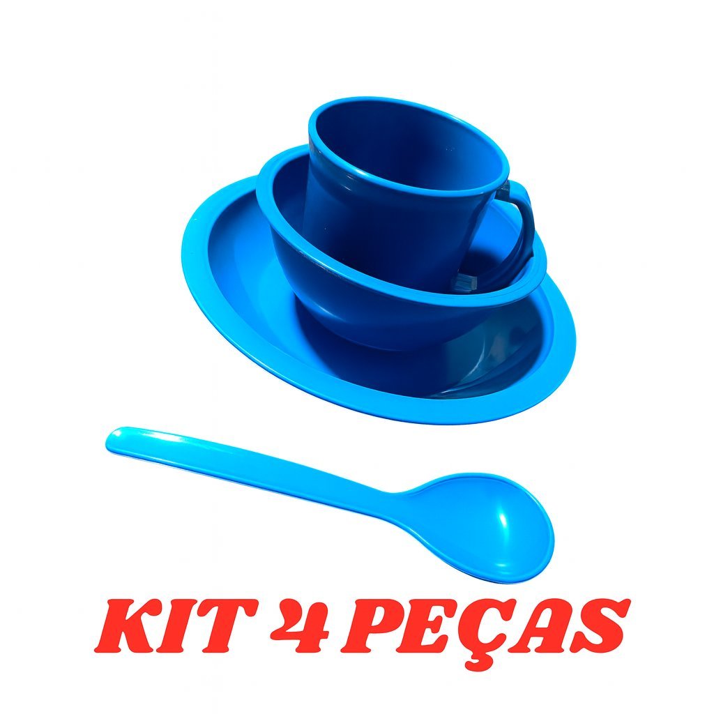 Kit Refeição Infantil 4 Peças – Prato, Caneca, Tigela e Colher de Plástico