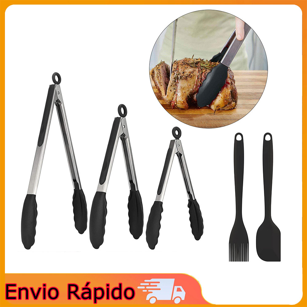 Conjunto de pinças para alimentos em aço inoxidável e silicone (3 pinças em tamanhos diferentes + 2 escovas de silicone) em Oferta na Shopee