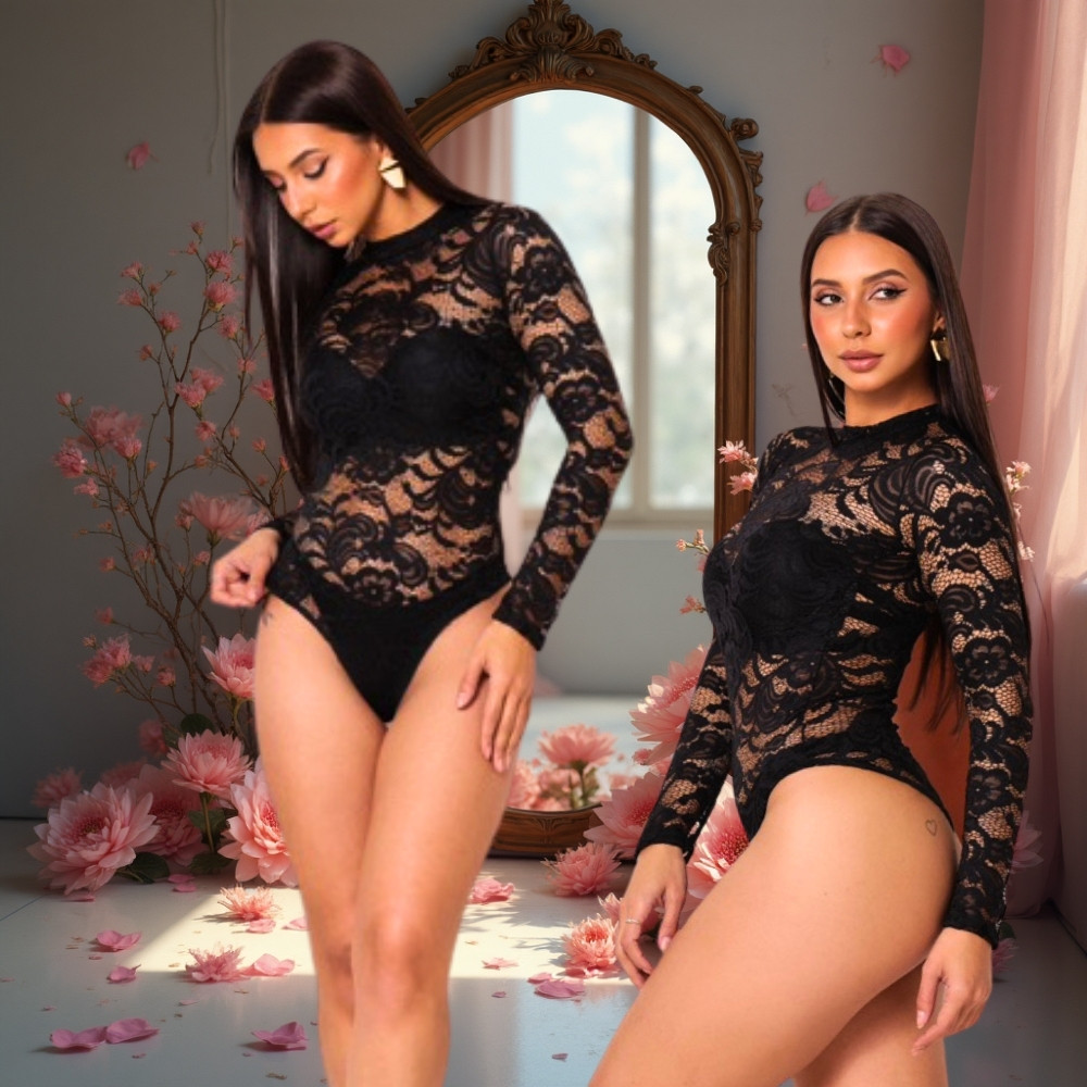 Body Femenino Renda Manga Longa Bory Luxo