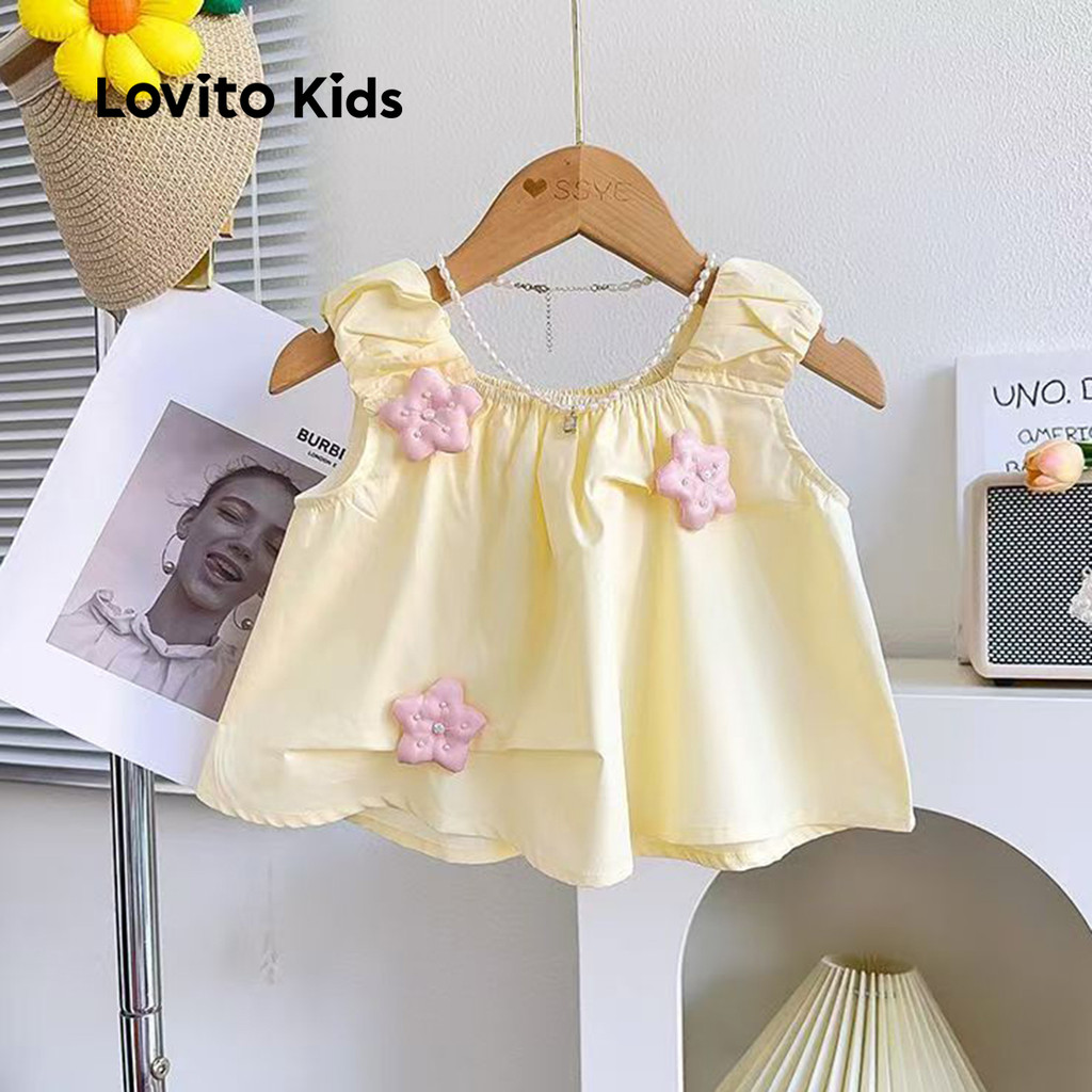 Detalhes do Lovito Kids Conjuntos Casuais de Shorts com Flores Textura Delicada Primavera/verão Amarelo LNL111166