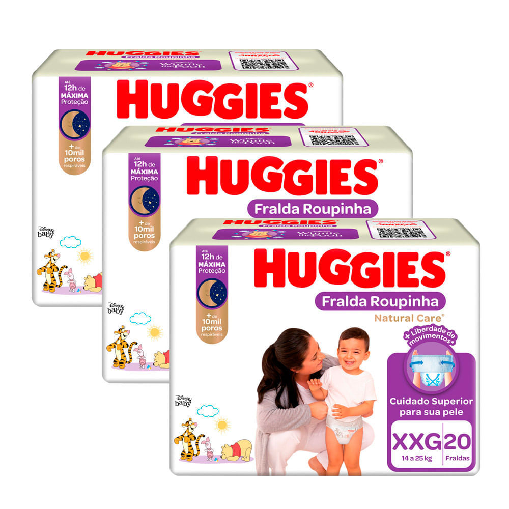 Kit 3 Fralda Roupinha Huggies Natural Care Tamanho XXG Pacote Mega 20 Unidades Descartáveis em Oferta na Shopee