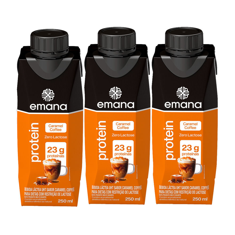Kit 3 Bebida Láctea Emana Protein com 23g de Proteína Sabor Caramel Coffee Zero Lactose 250ml