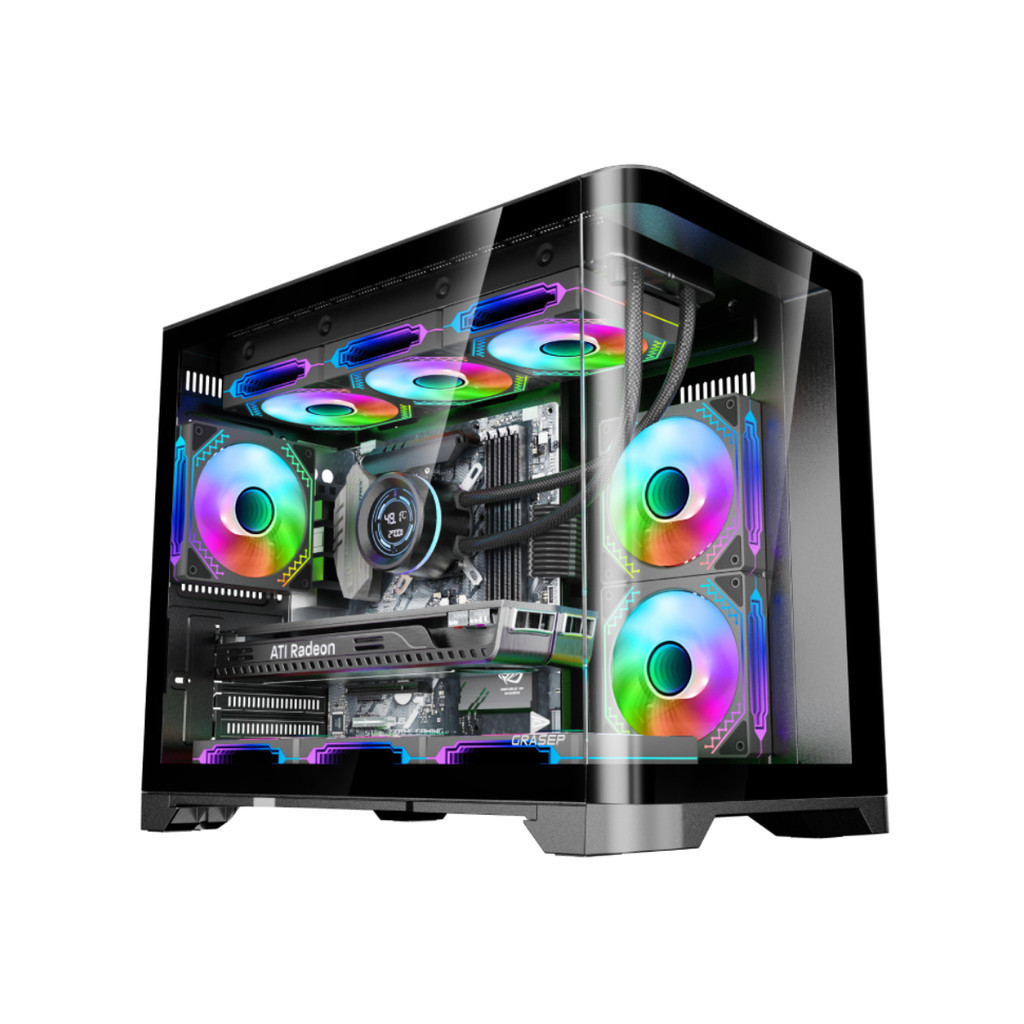 Gabinete Gamer Mid Tower Vidro Temperado Black M-ATX Sem Fonte Com 6 Fans Rainbow RGB D-MATX10 em Oferta na Shopee