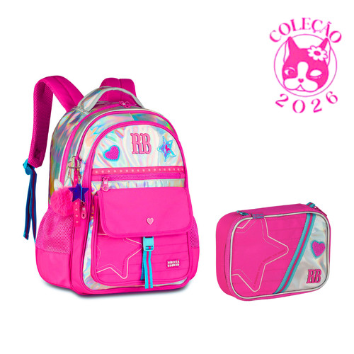 Kit Mochila de Costas Com e Estojo Rebecca Bonbon Shine - Clio Style Cor:Rosa