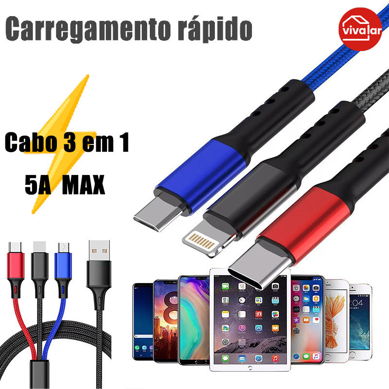 Cabo 3 em 1: Um Cabo para iPhone, Android e Todos os Dispositivos! Carregamento Rápido de Alta Velocidade！