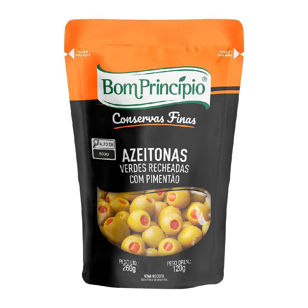 Azeitonas verdes recheadas com pimentão pouch 120g em conserva bom princípio