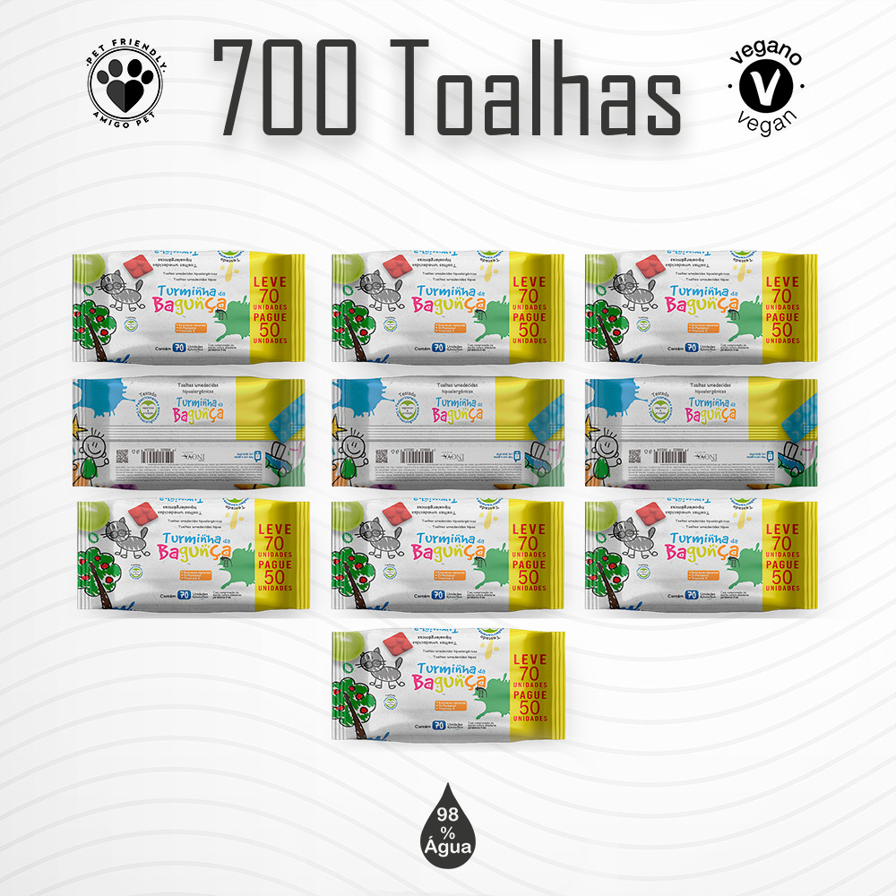 Kit 10 Pacotes de Toalhas Umedecidas TURMINHA DA BAGUNÇA 70 Folhas Lenço Umedecido