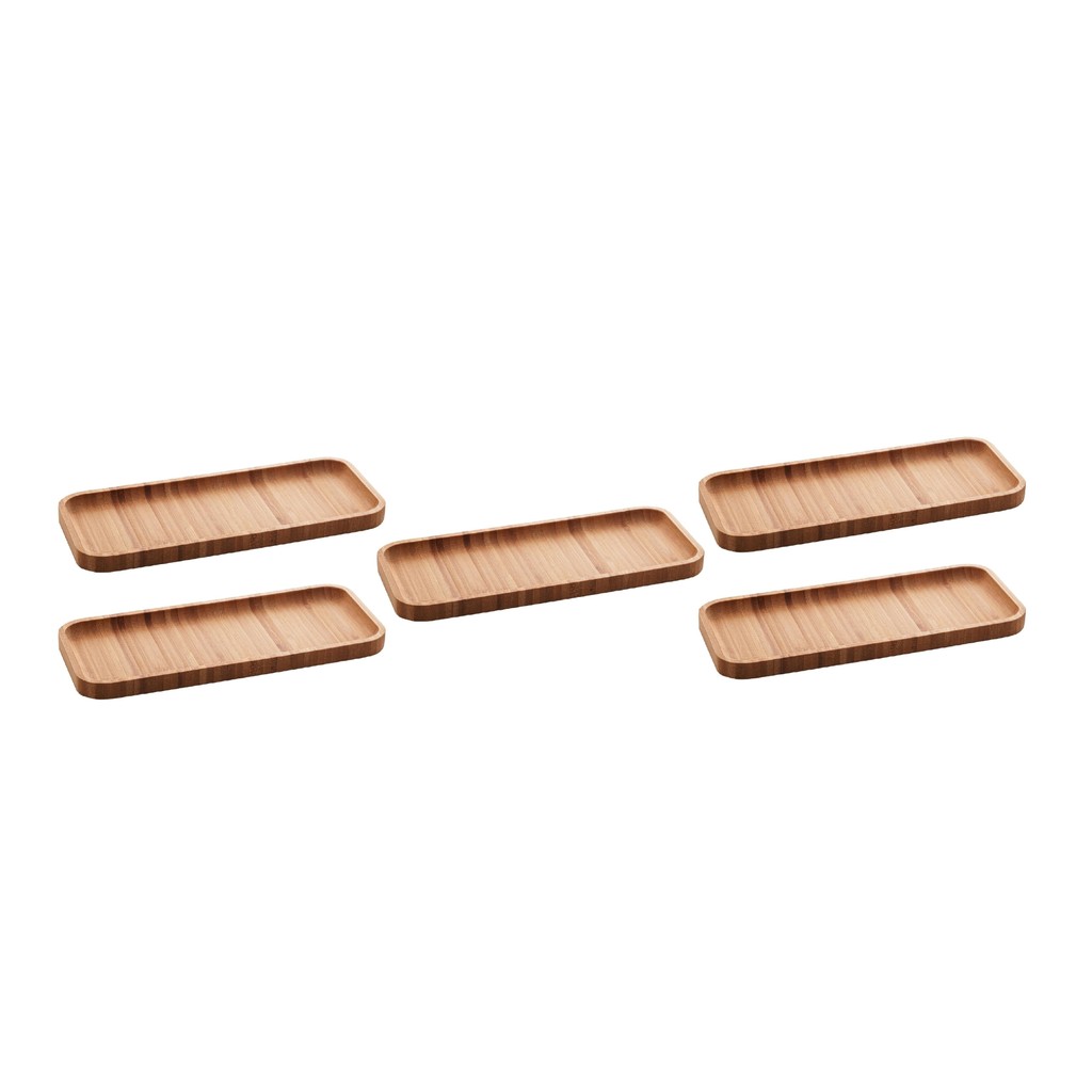 Kit 5 Petisqueiras de Bambu com Bandeja Retangular 28x11cm Prato para Petiscos Frios e Aperitivos
