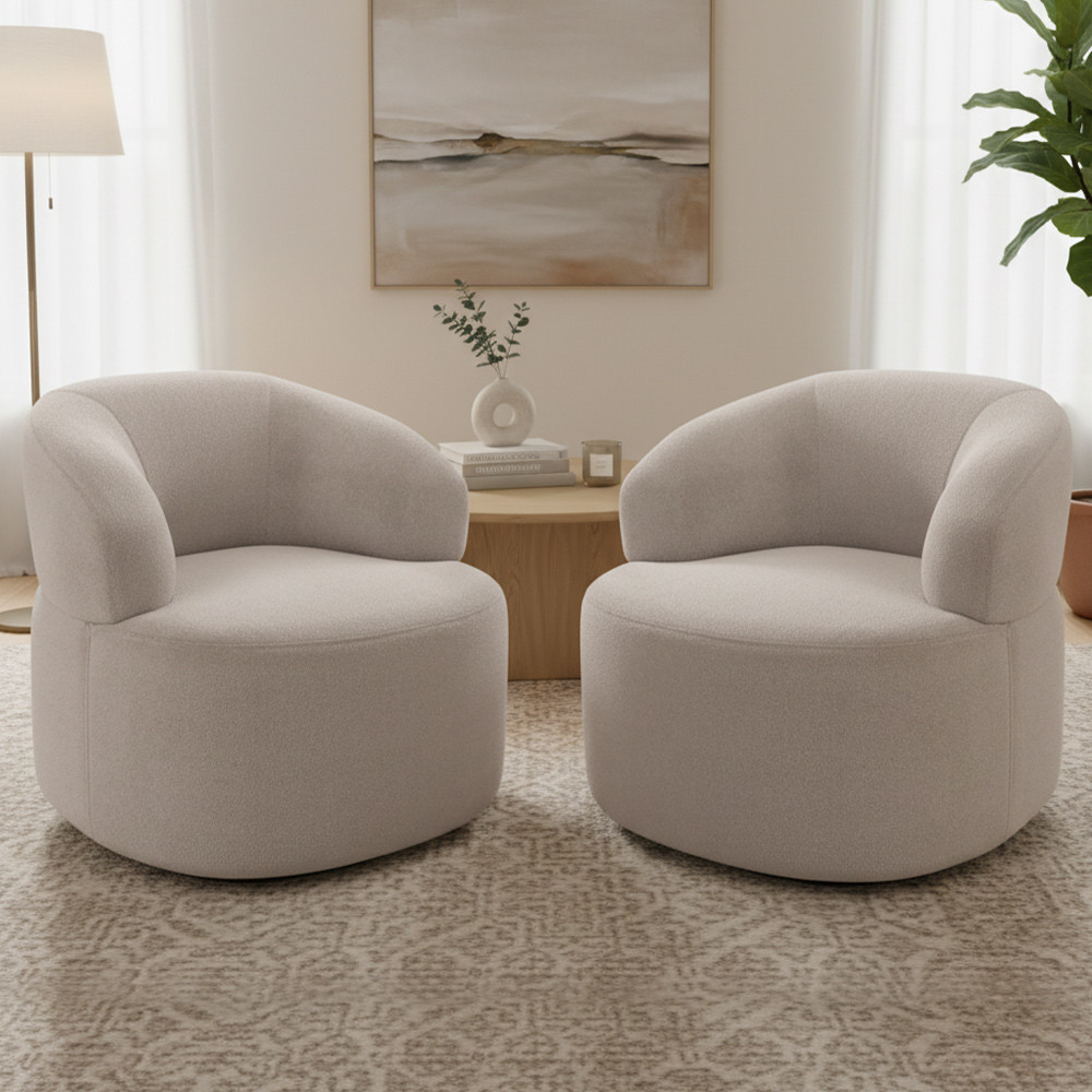 Kit 02 Poltronas Giratória Orgânica Para Sala Living Helena L02 Bouclê Creme - Lyam Decor