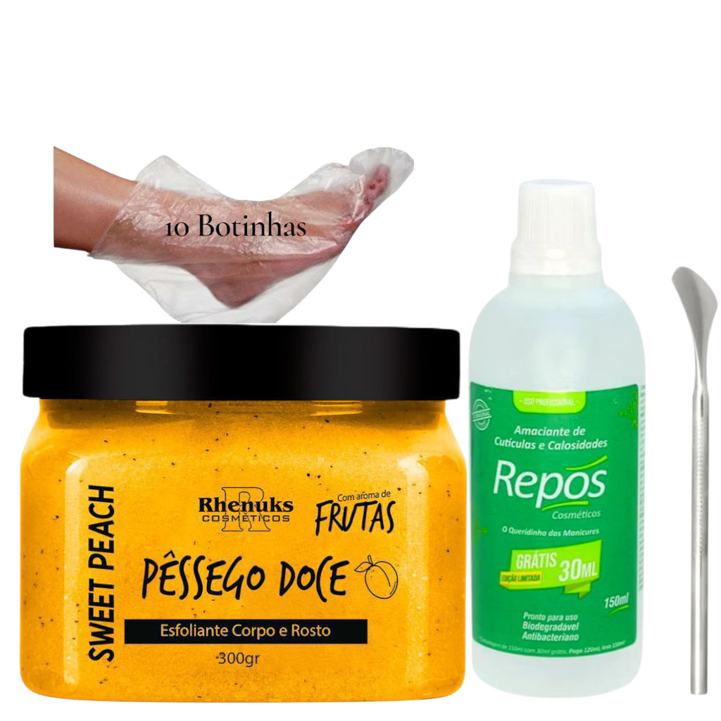 1 Kit Spa dos Pés – FIM dos Calos  Pés Lisinhos e Macios: Esfoliante Pêssego + Repos 150 ml+  +Espátula 222+ Botinhas