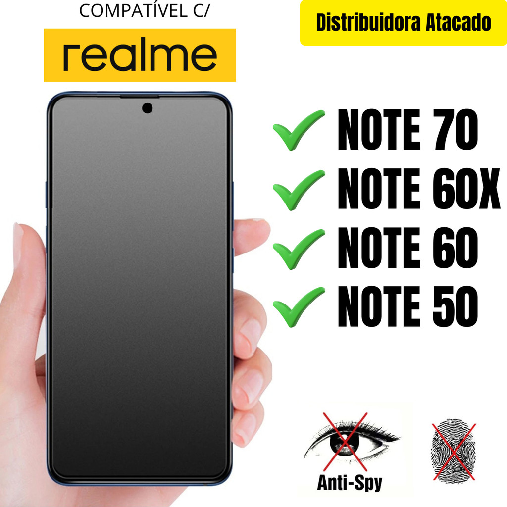 Película Cerâmica Privacidade Fosca 3D P/ Realme Note 70 / Note 60X / Note 60 / Note 50 Matte AntiSpy - Envio Rápido