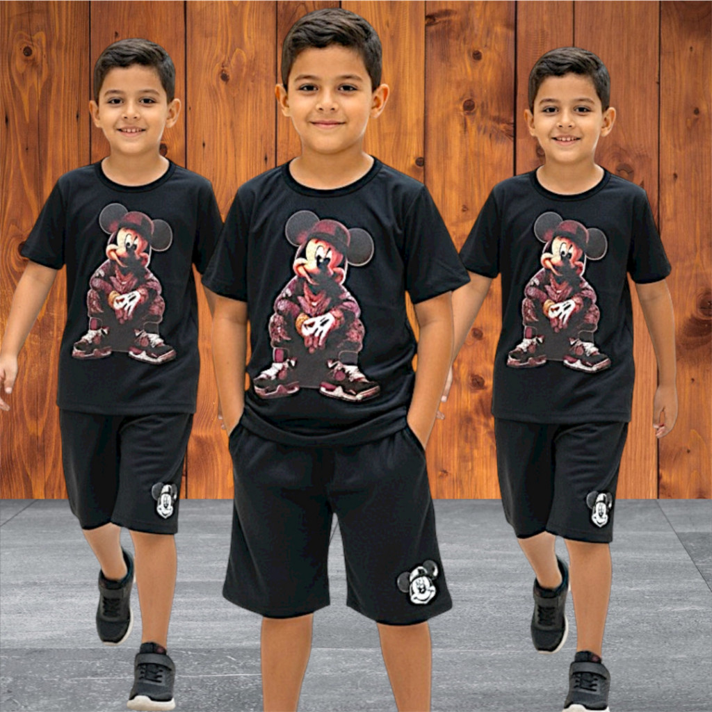 Conjunto Infantil Menino Mickey  Camisa E Bermuda De Dry Fit Ideal Para Verão
